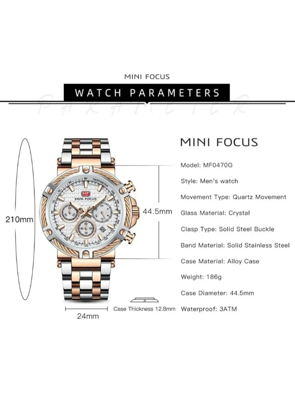Mens Silver Rose Gold Stainless Steel Band Chronograph Waterproof Luminous Watch